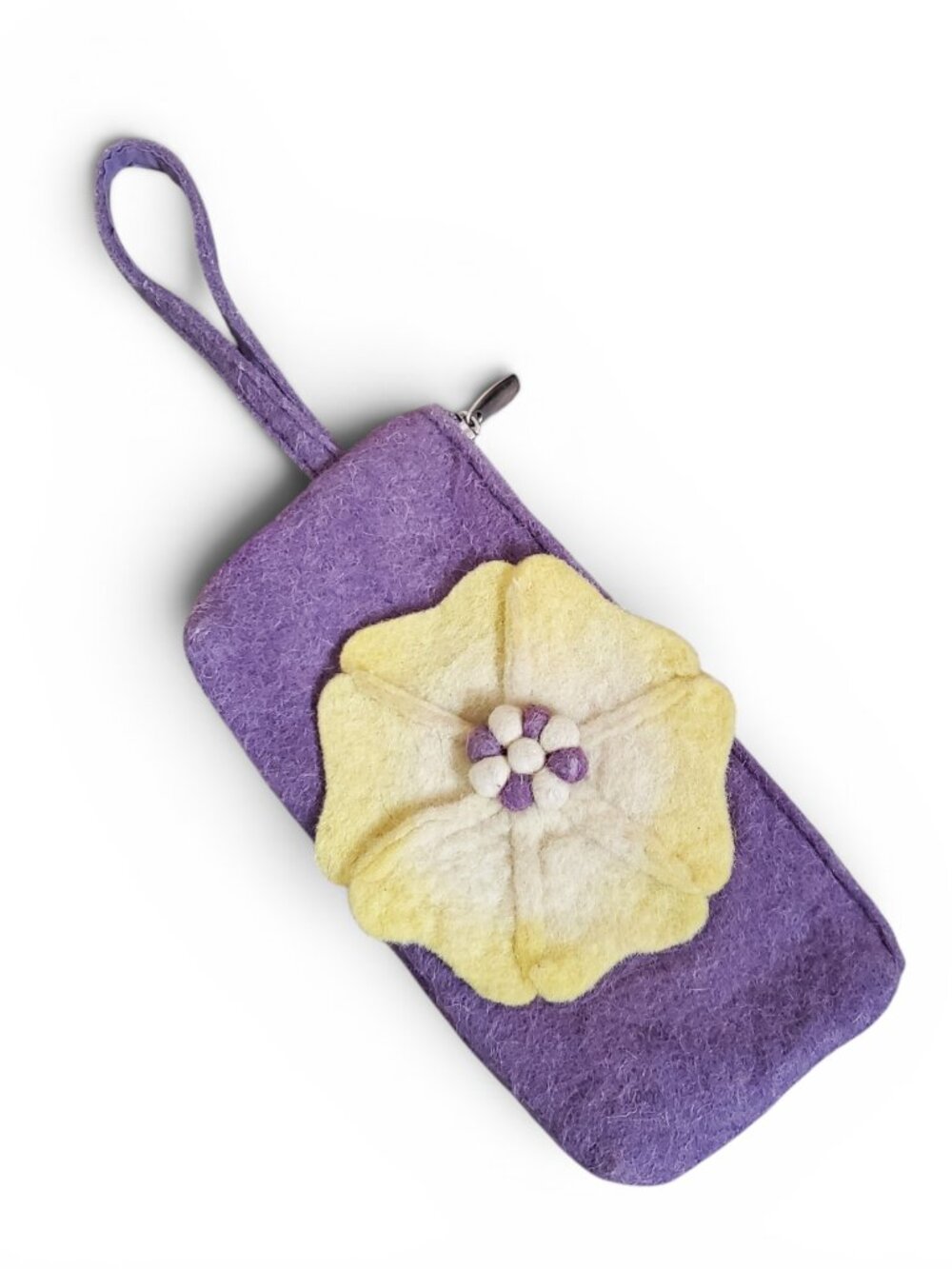 Vintage Y2K Whimsical Purple Felt Wristlet Purse Yellow 3D Floret Flower Purse